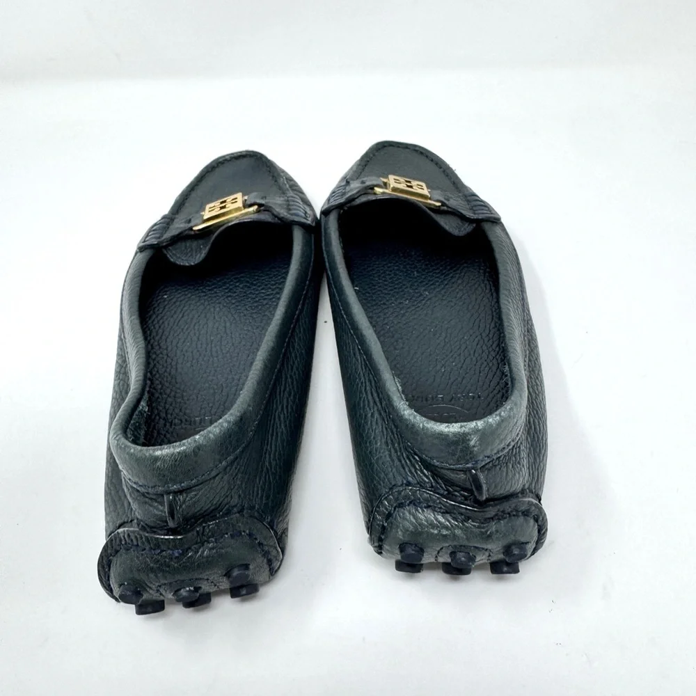 Tory Burch Kendrick Tumbled Leather Driver Loafers - Navy Blue size 7.5